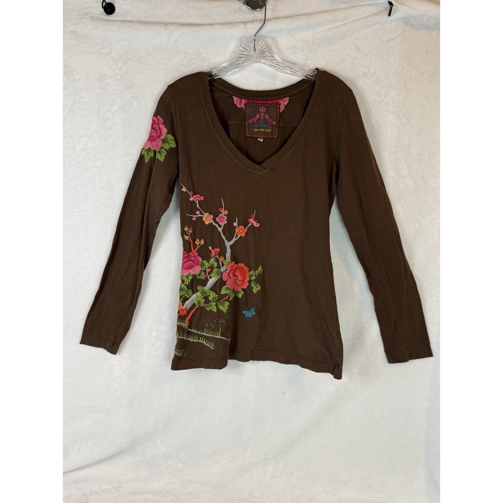 Johnny Was JW Brown Embroidered Floral Top Boho Cottagecore Small Fairy